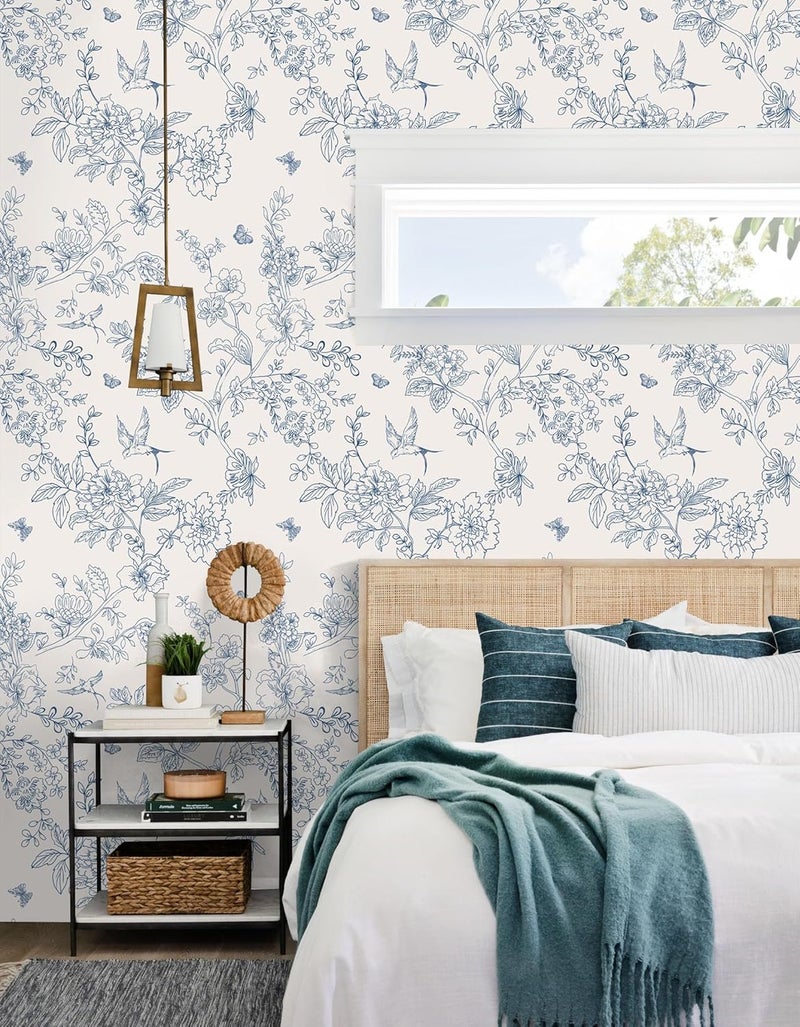 Froluya Cream White and Blue Floral Wallpaper Peel and Stick Wallpaper 17.7"x196.8" Vintage Floral Peel and Stick Wall Paper Removable Boho Self Adhesive Contact Paper for Bedroom Bathroom Vinyl - Image 3